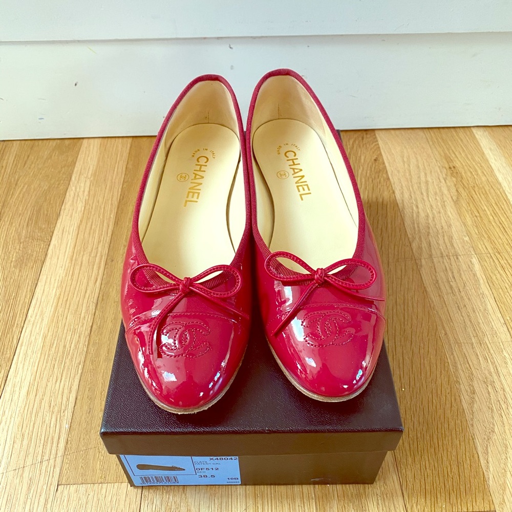 Authentic Chanel CC Patent Ballet Flats Red